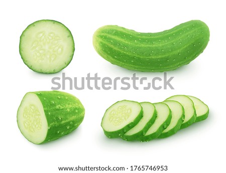 Set of whole and sliced cucumbers isolated on a white background. Clip art image for package design.