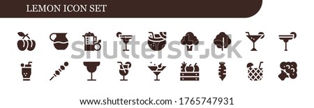 Modern Simple Set of lemon Vector filled Icons. Contains such as Plum, Juice, Cocktail, Coconut drink, Broccoli, Lettuce, Mojito and more Fully Editable and Pixel Perfect icons.