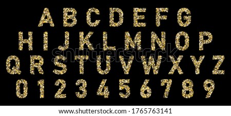 Vector of gold glitter font shining alphabet. ABC letters design. Gold confetti characters isolated. Alphabet font of gold glitter effect. Holiday typeface for fashion purposes or logo.