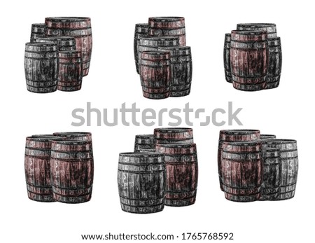 gray old barrels set winemaking and aging whiskey on an isolated background
