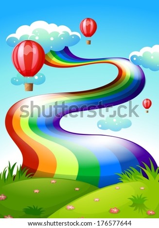 Illustration of a rainbow and floating balloons in the sky
