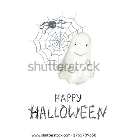 Watercolor card of funny ghost with spiderweb. Hand-drawn illustration isolated on the white background. Halloween clip-art for party design.