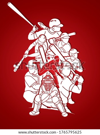 Group of Baseball players action cartoon graphic vector.