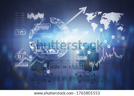 Immersive digital HUD interface with business infographics and maps over blurry office background. Big data concept. 3d rendering toned image double exposure. Elements of this image furnished by NASA