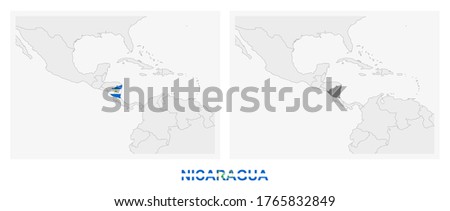 Two versions of the map of Nicaragua, with the flag of Nicaragua and highlighted in dark grey. Vector map.