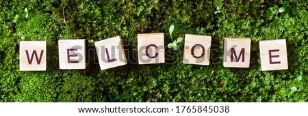 The word "welcome" is written on a background of moss in letters on wooden blocks. Top view. Banner 