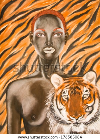 Painting of african woman and tiger.