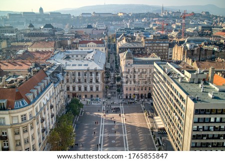 Beautiful aerial view above the square before St. Stephen's Basilica in Budapest, Hungary with historical part of old city.