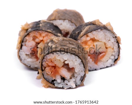 Sushi rolls with nori and seafood, in baked breaded isolated on white background