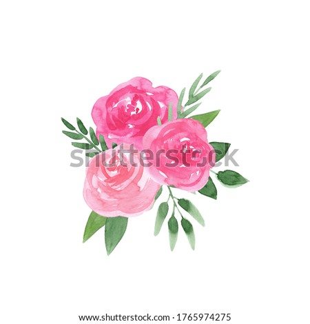 Loose Floral Watercolor Corner with Roses. Watercolor floral bouquet painted in a loose style. Includes roses, peonies and greenery