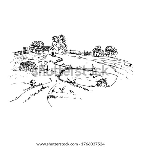 Rural view with fields and a pond. Sketch. Vector illustration.