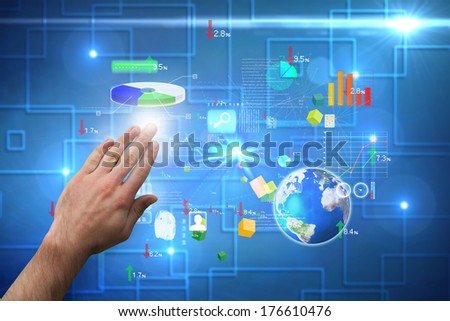 Hand presenting against black background with shiny squares, elements of this image furnished by NASA