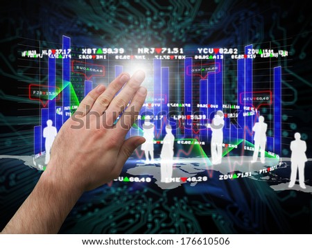 Hand presenting against shiny key on black circuit board background