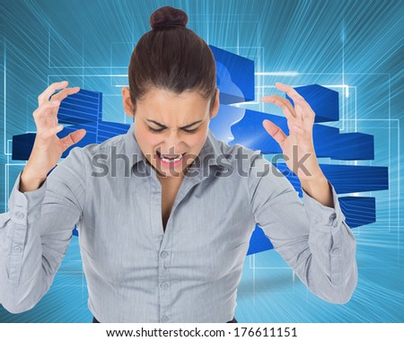Furious businesswoman gesturing against multiple geometric lights