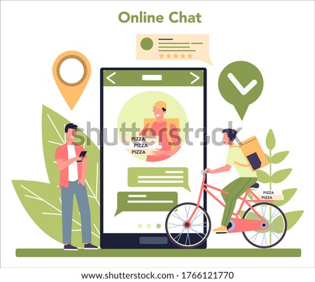 Delivery service online service or platform. Courier in uniform with box from the truck. Express logistic concept. Online chat. Vector illustration in cartoon style