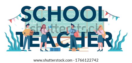 Teacher typographic header concept. Profesor standing in front of the blackboard School or college workers with professional discipline tools. Isolated flat vector illustration