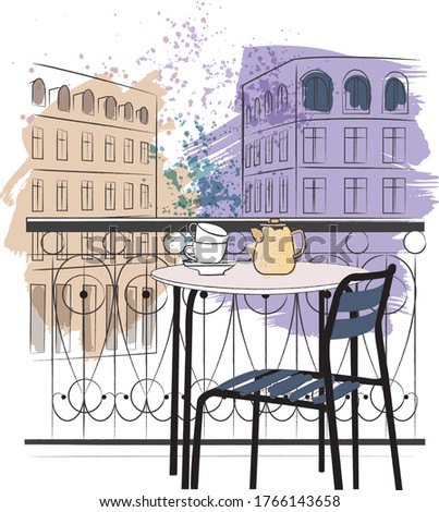 Paris France street view sketch. Hand drawn urban cityscape vector art print in doodle style. 