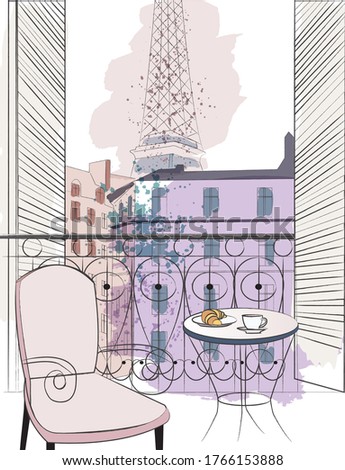 Paris hand drawn vector illustration. Paris window view sketch with table and coffee, modern urban cityscape. Template for t shirt, apparel, card, poster.