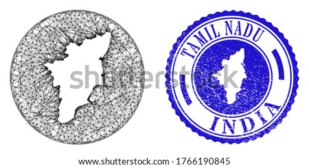 Mesh inverted round Tamil Nadu State map and scratched seal stamp. Tamil Nadu State map in a circle stamp seal. Web mesh vector Tamil Nadu State map in a circle. Blue round grunge stamp.