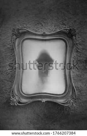 Horror concept of a ghostly animal skull in a picture frame. With a grunge, blurred, textured, black and white edit.