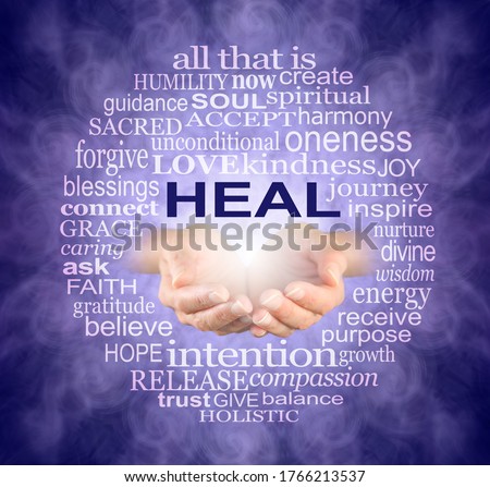 Circle of Healing Words Tag Cloud  - female cupped hands with the word HEAL above surrounded by a circle of healing words  on an intricate purple vortex background 
                            Royalty-Free Stock Photo #1766213537