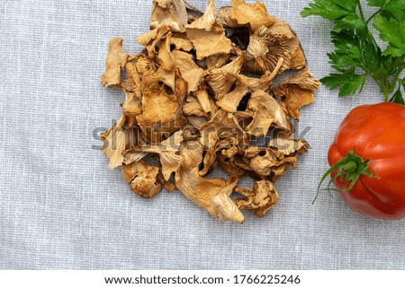 mushrooms, tomato and greens on a canvas napkin. culinary layout