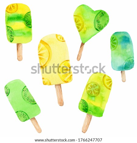 Set of yellow and green ice cream; watercolor hand draw illustration; with white isolated background