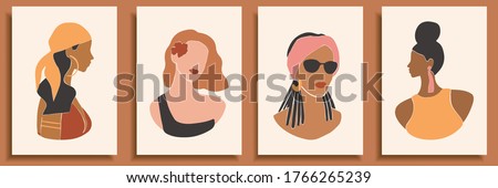 Set of abstract female shapes and silhouettes on retro summer background. Abstract women portraits in pastel colors. Collection of contemporary art posters. Fashion girls in swimsuits for social media Royalty-Free Stock Photo #1766265239