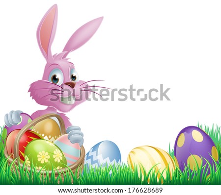 Pink Easter eggs bunny rabbit with a wicker basket full of chocolate painted Easter eggs