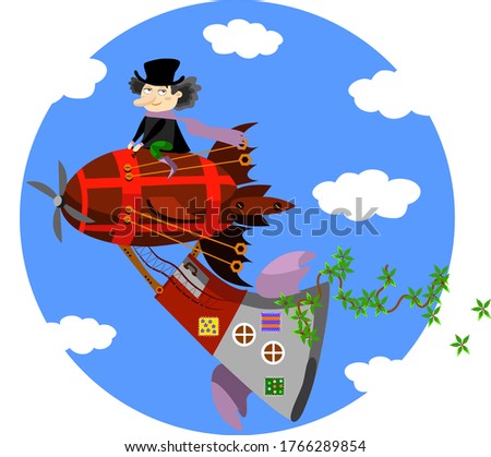 Cartoon man is flying on dirigible, vector illustration, modern flat design, concept of active summer journey