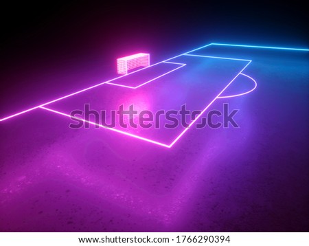3d render, neon football playground, soccer field perspective angle view, virtual sportive game, pink blue glowing line. Isolated on black background.