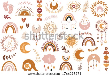 Vector hand drawn boho clipart for nursery decoration with cute rainbows and moon, sun, cloud, dream catcher. Doodle modern illustration. Perfect for baby shower, birthday, children's party Royalty-Free Stock Photo #1766295971