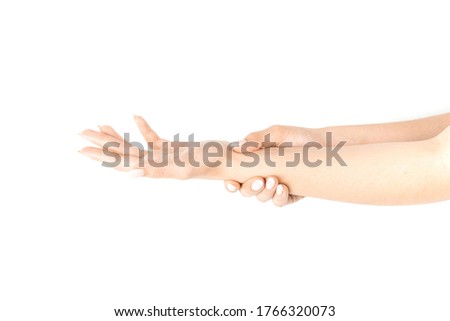 Hand massage. Female finger exercise, stretch therapy for pain wrist protective isolated on white background. Healthy yoga exercise. Woman hand massage for carpal tunnel syndrome protection.