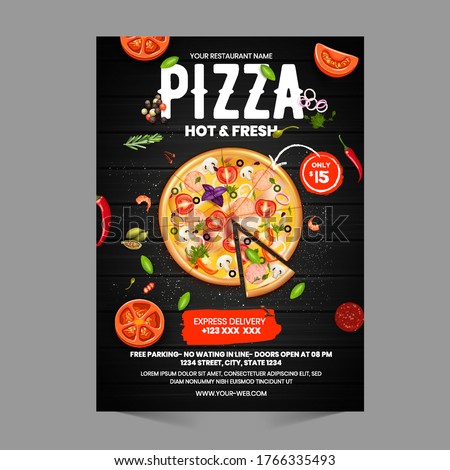 Pizza Flyer Design Template cooking, cafe and restaurant menu, food ordering, junk food. Pizza, Burger, French fries and Soda. Vector illustration for banner, poster, flyer, cover, menu, brochure.