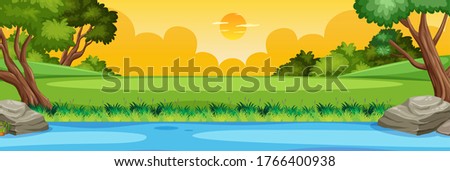Horizon nature scene or landscape countryside with forest riverside view and yellow sunset sky view illustration