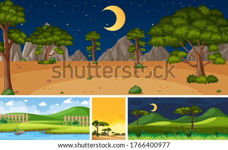 Four background different nature scenes with green trees in different times illustration
