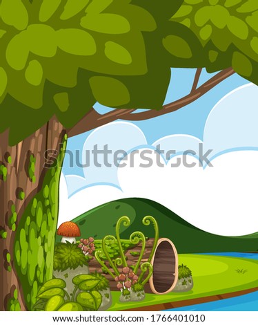 Empty nature scenes with green tree and mountain and river side illustration