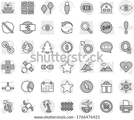 Editable thin line isolated vector icon set - star, calculator, eye vector, male sign, cross, fountain, house, plane shipping, palm, handwheel, electricity, radiator, trees, spruce, splotch, man