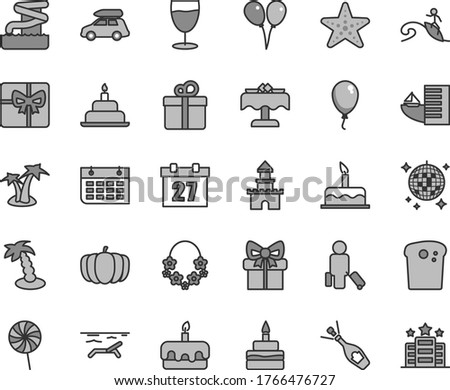 Thin line gray tint vector icon set - daily calendar vector, colored air balloons, balloon, cake, birthday, gift, Easter, torte, lollipop, glass, pumpkin, wall, giftbox, sand castle, champagne