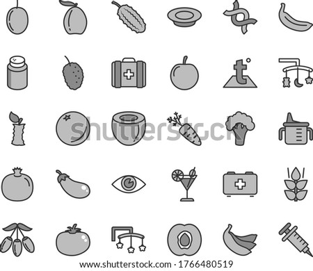 Thin line gray tint vector icon set - toys over the cradle vector, cot, measuring cup for feeding, powder, bag of a paramedic, medical, temperature, eye, plate milk, tomato, cocktail, orange, mint