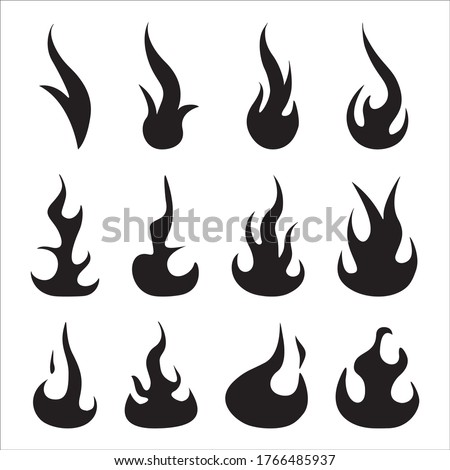 Black Fire Flame isolated icons set. Different dark fire symbols in modern flat style. Flaming elements of candle, heat, fire, fireplace, burning, energy. Vector illustration.