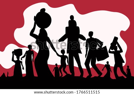 Silhouette of exodus of economically backward people carrying luggages and children. Royalty-Free Stock Photo #1766511515
