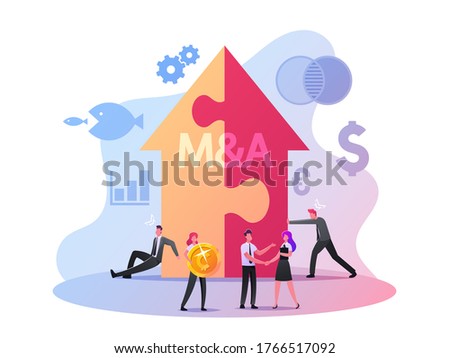 Merger and Acquisition Concept. Characters at Huge Arrow made of Puzzle Pieces, Business People Shaking Hands Finishing Up Meeting, Business Etiquette, Congratulation. Cartoon Vector Illustration Royalty-Free Stock Photo #1766517092