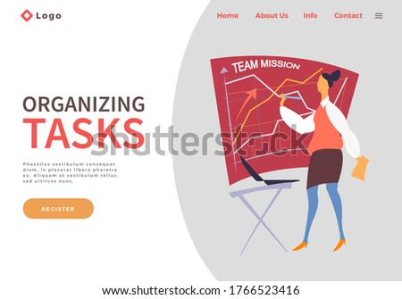 Website concept. Businesswoman standing near board with graphics and drawing, table with laptop. Effectively organizing tasks. Office worker holding paper in hand planning events, team mission