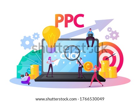 Pay Per Click Concept. Tiny Characters at Huge Computer Desktop with Cursor Clicking on Ad Button. Ppc Business, Cpc Advertising Technology, Sponsored Listing. Cartoon People Vector Illustration Royalty-Free Stock Photo #1766530049