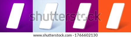 White smartphone display screen in the rotated position on different fashionable and modern backgrounds. Different phone colors purple, white, orange, red. Mockup generic device. UI/UX smartphones set