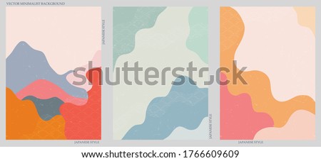 Set of three abstract minimalist backgrounds. Hand-drawn illustrations with japanese wave pattern for  for wall decoration, postcard or brochure, cover design, stories, social media, app design. Royalty-Free Stock Photo #1766609609