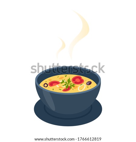 Bowl with hot tasty soup. Collection of soup and ingredients. Tomato and potato, onion and carrot. Vector flat illustration Royalty-Free Stock Photo #1766612819