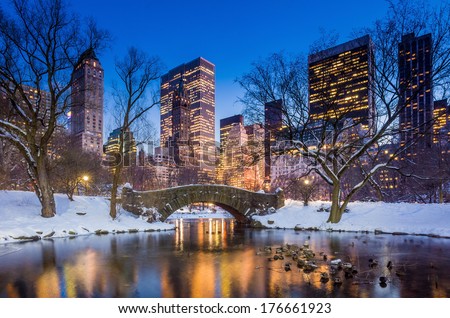 Gapstow bridge in winter, Central Park New York City  Royalty-Free Stock Photo #176661923