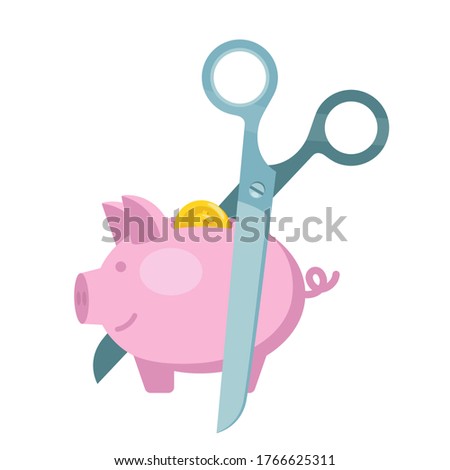 Tax on savings. Scissors cut the piggy bank. Splitting of savings, profits and income. Business vector illustration, flat design, cartoon style, isolated background.